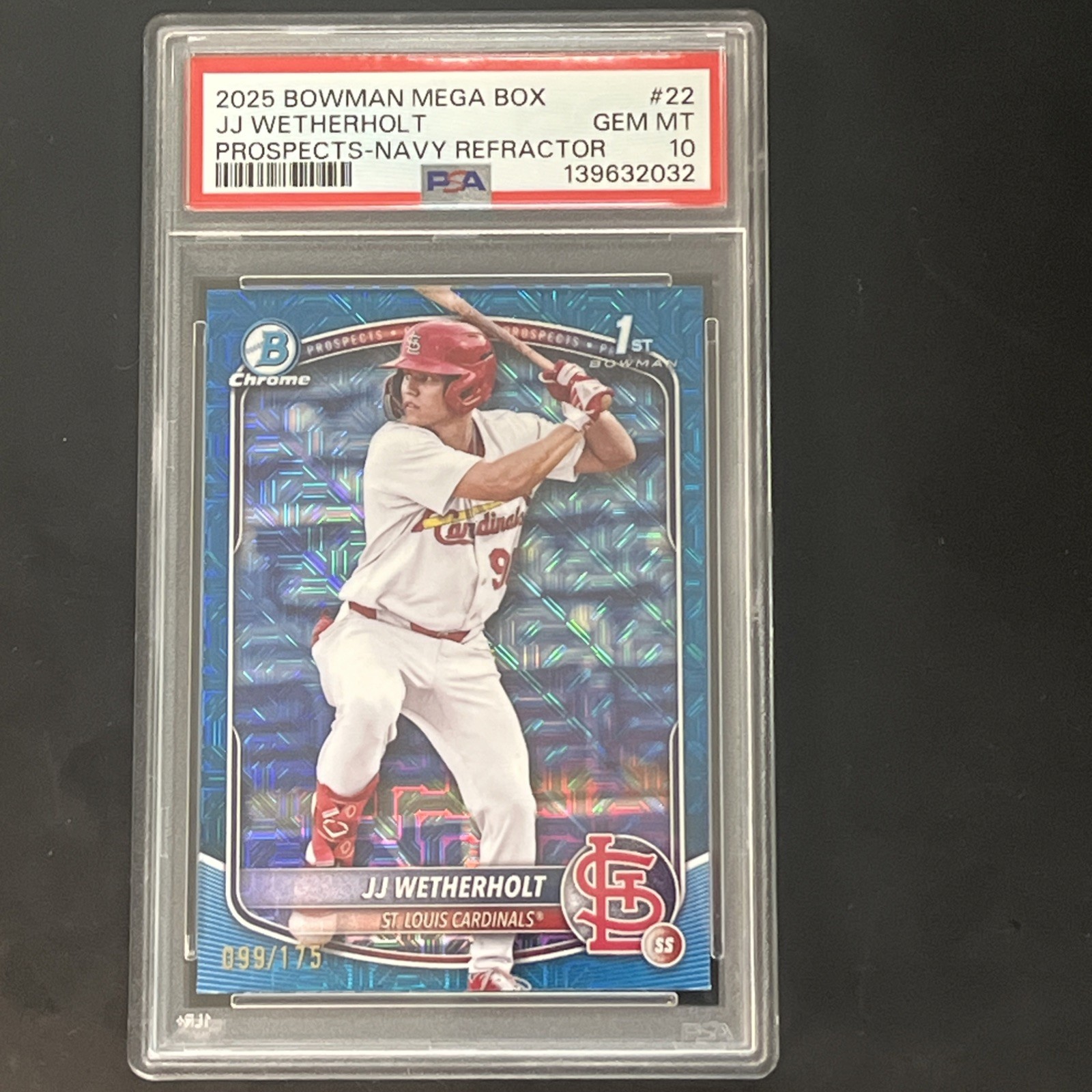 JJ Wetherholt 2025 1st Bowman Chrome Mega Navy Refractor /175 (RC) PSA 10