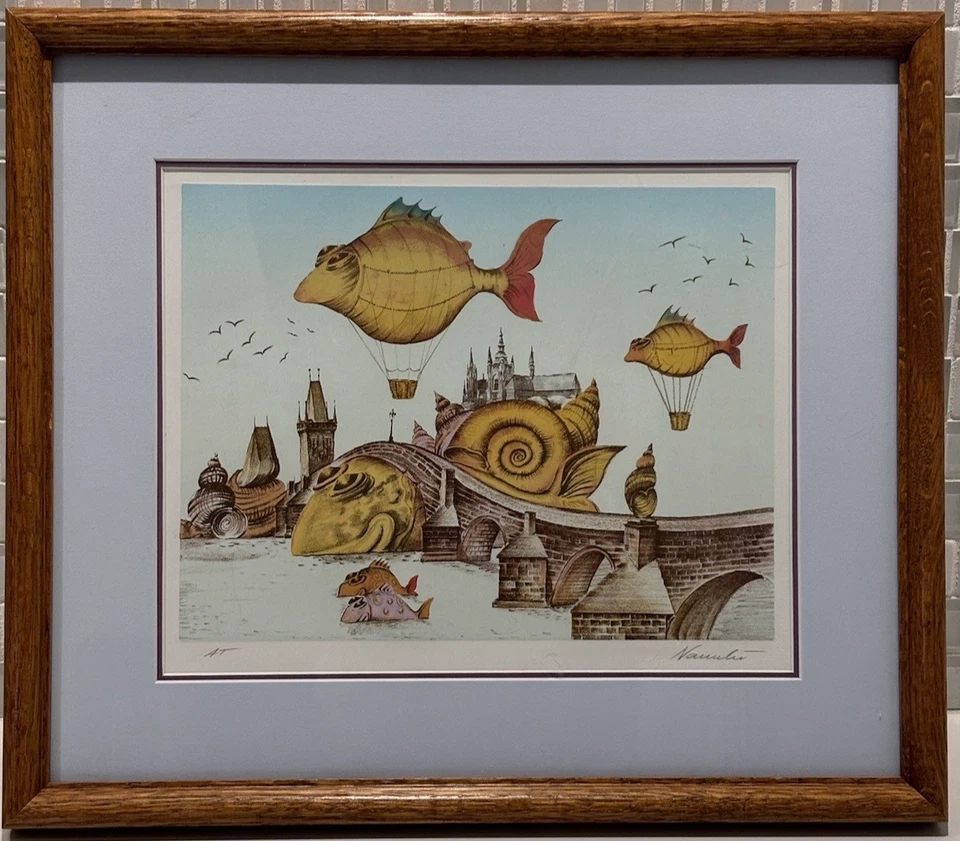 Impresión de peces surrealistas enmarcados y mate firmados originales, regalos de decoración de bellas artes raras Foto 4 de 4