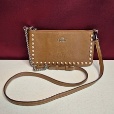 Coach Crossbody Bag Womens Small Brown Pebble Leather Studded Chain 36320