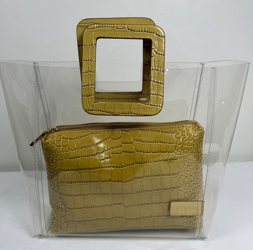 STAUD Shirley Transparent Clear Tote Yellow Croc Leather Pouch Bag Medium