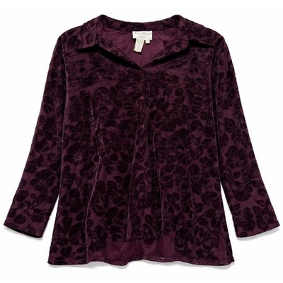 Fred David Velvet Floral Blouse 1X Sheer Burgundy Burnout Career Goth Dark Moody