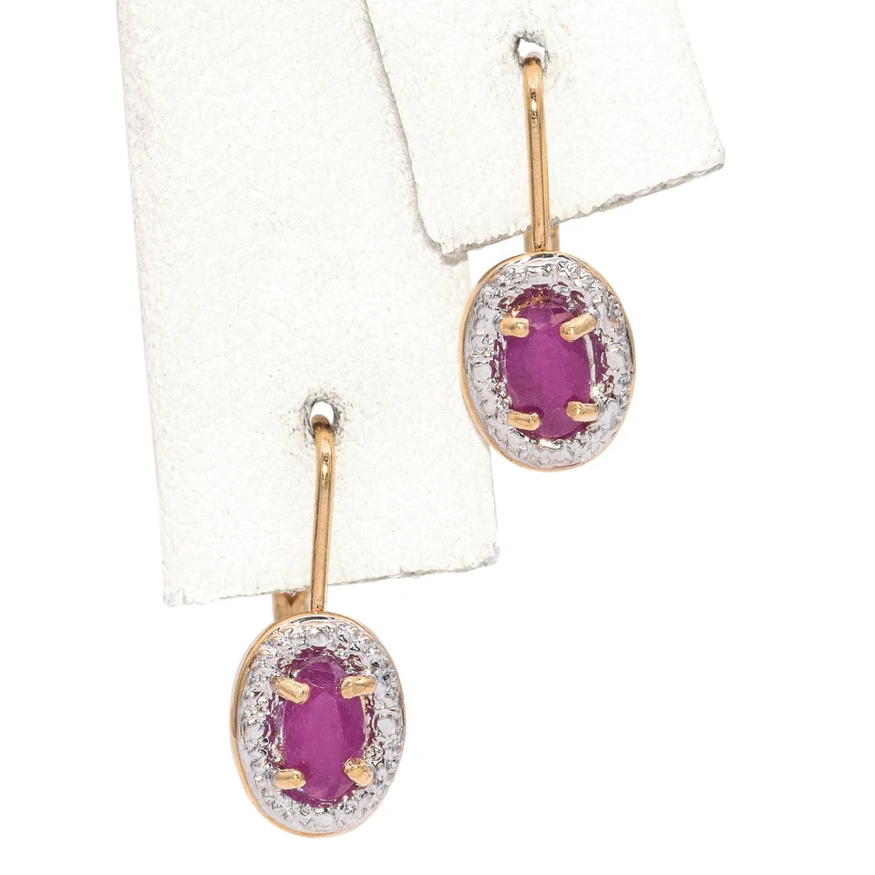 14K Two Tone Gold 0.58 TCW Oval Ruby Drop Earrings - Image 3 of 4