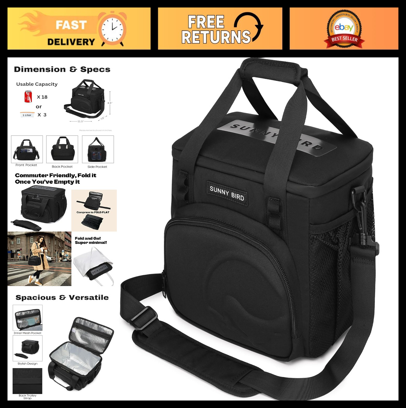 Large Insulated Lunch Bag 12L, Leakproof & Foldable Cooler f