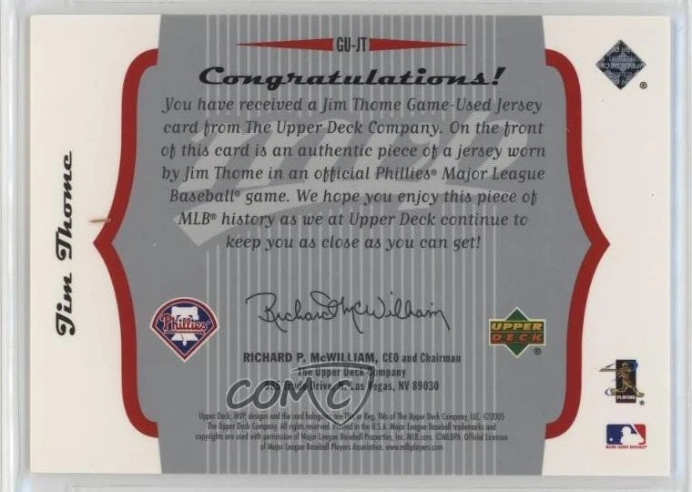 2005 Upper Deck MVP Jersey Jim Thome #GU-JT HOF - Image 2 of 2