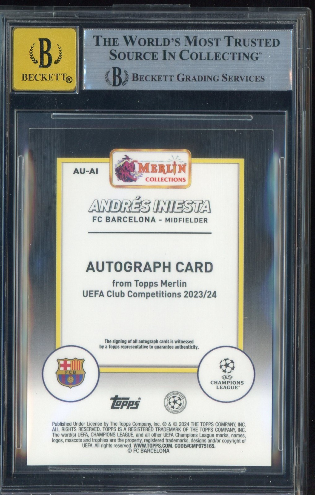 2023-24 Topps Merlin UCC Superfractors Andres Iniesta 1/1 BGS 9 w/ 10 AUTO view 2