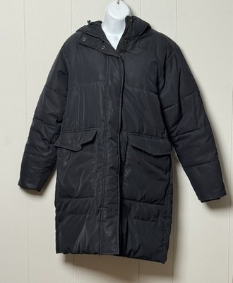 Everlane Women Black Hooded Puffer Jacket w Internal Belt and Elastic Cuffs Sz S