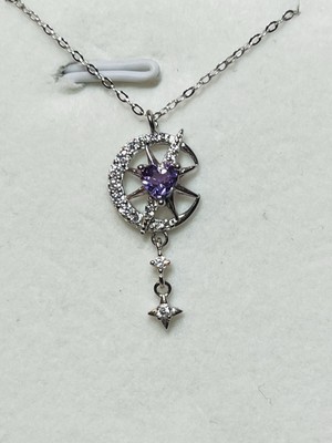 925 Sterling Silber Mond Stern Natur Lila Amethyst Herz Anhänger Halskette