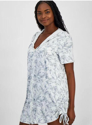 J. Valdi Women s Swim Cover Up Gray and White Tropical Zip Up Cover Up Sz M NWT