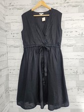 Garnet Hill Womens 8 Sleeveless Cinch Waist V Neck Black Linen Dress