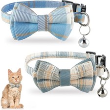 2Pcs Cat Collar Breakaway with Bells Bowtie Plaid Blue