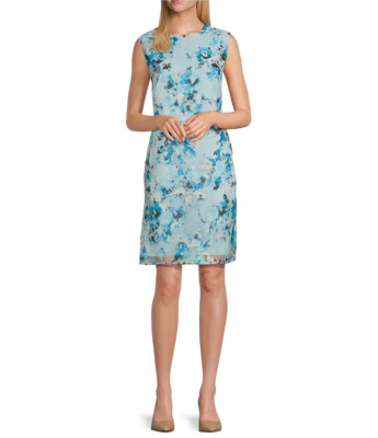 NEW Ming Wang Woven Floral Sheer Crew Neck Sleeveless Sheath Dress Size LARGE