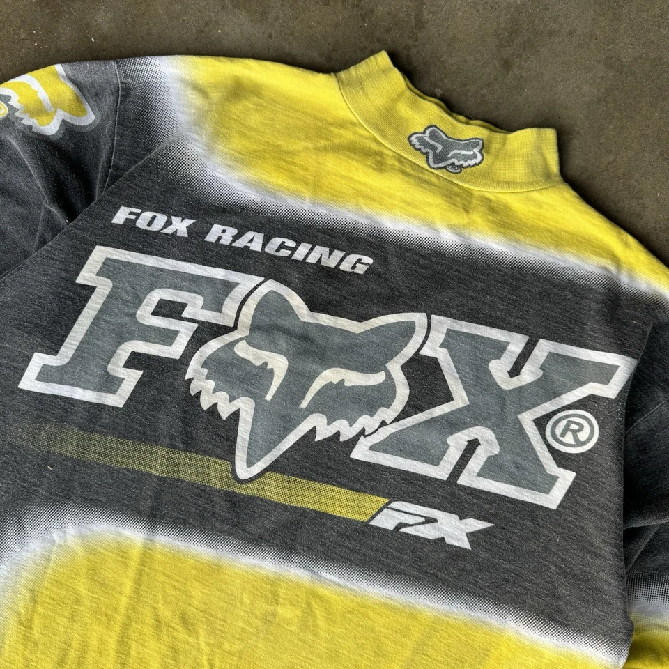 Camiseta deportiva vintage años 90 Fox Racing motocross amarilla negra manga larga AOP grande 1997 Foto 3 de 4