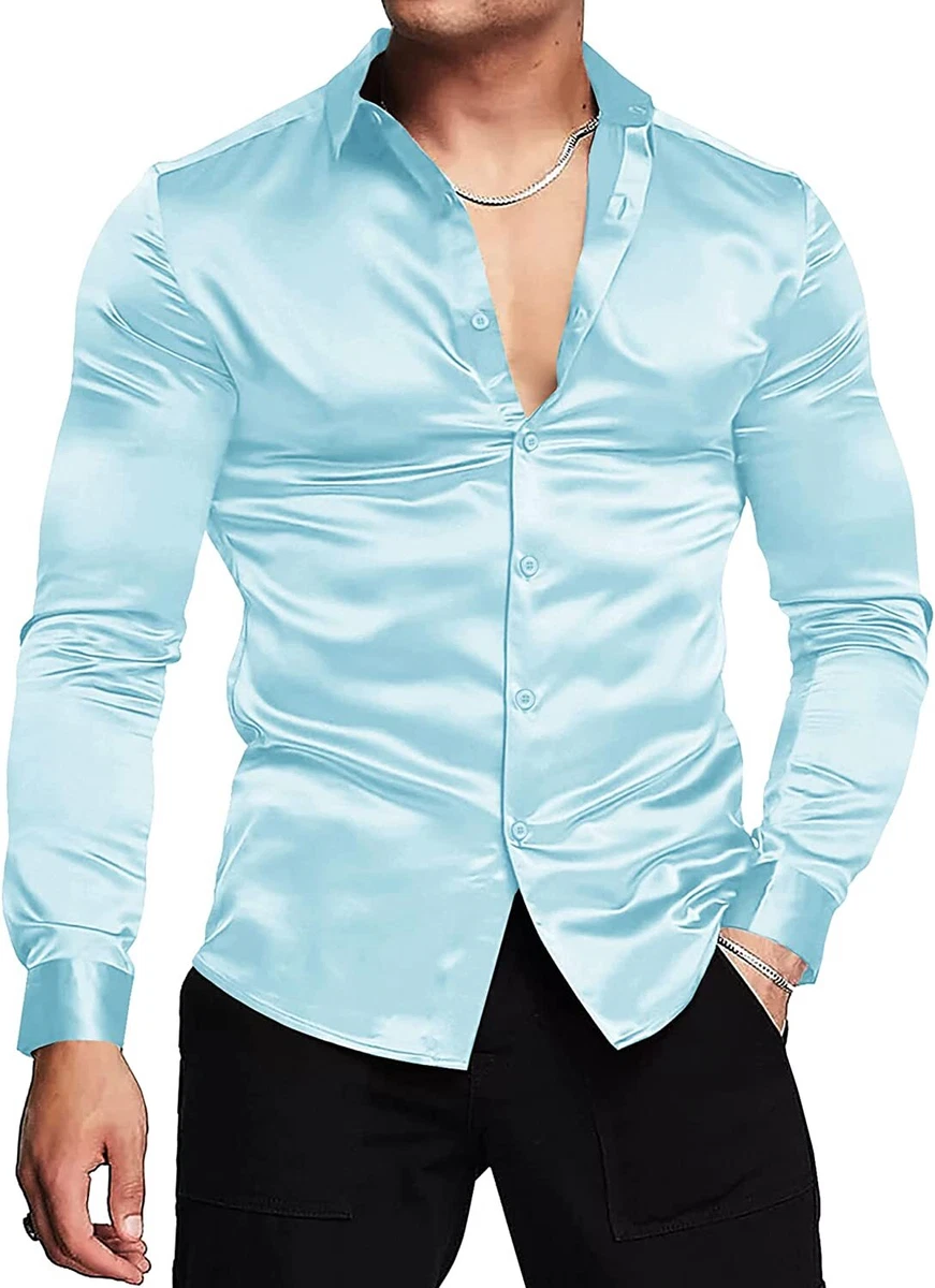 URRU Men s Luxury Shiny Silk Like Satin Dress Shirt Long Sleeve Casual Slim Fit