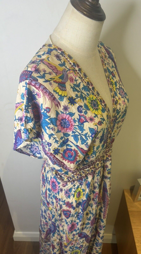 Gorgeous White Multicolour Lovebird Floral Maxi Dress Boho Hippy Cotton - Small - Picture 5 of 10