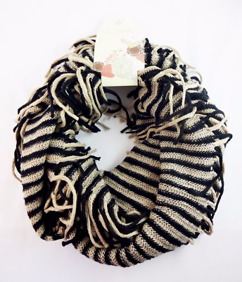 Infinity Scarf Black Beige Stripes Fringe Double Loop Knit Cowl Basic Colors