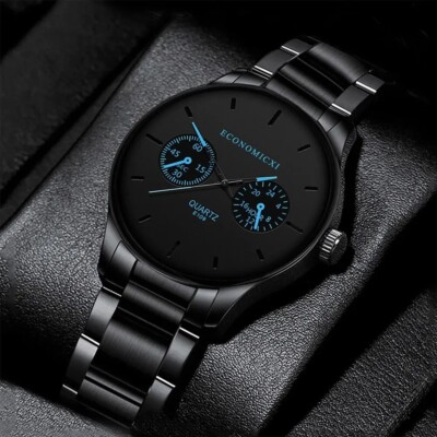 1Pc Men's Fashion Trend Casual Three Eyes Digital Blue Needle Steel Band Quartz