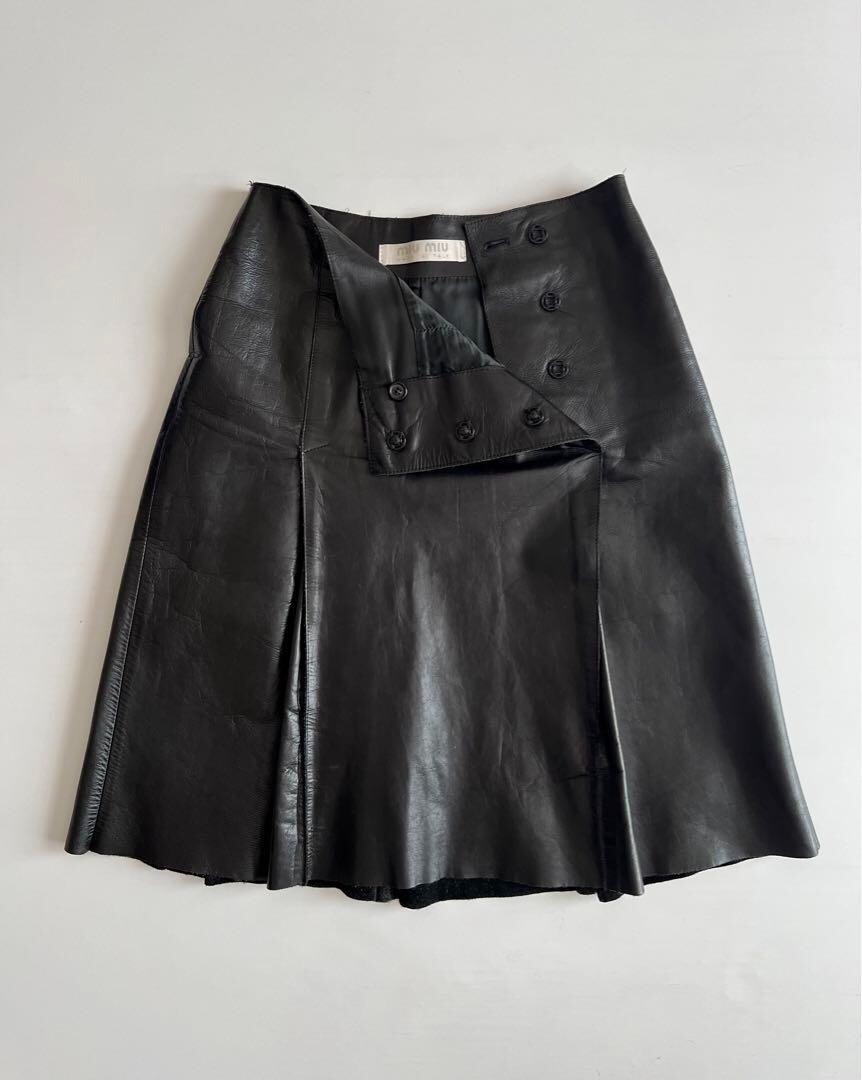 MIU MIU LEATHER SKIRT FW1998 Black Pleated Knee-length Size 40/M 