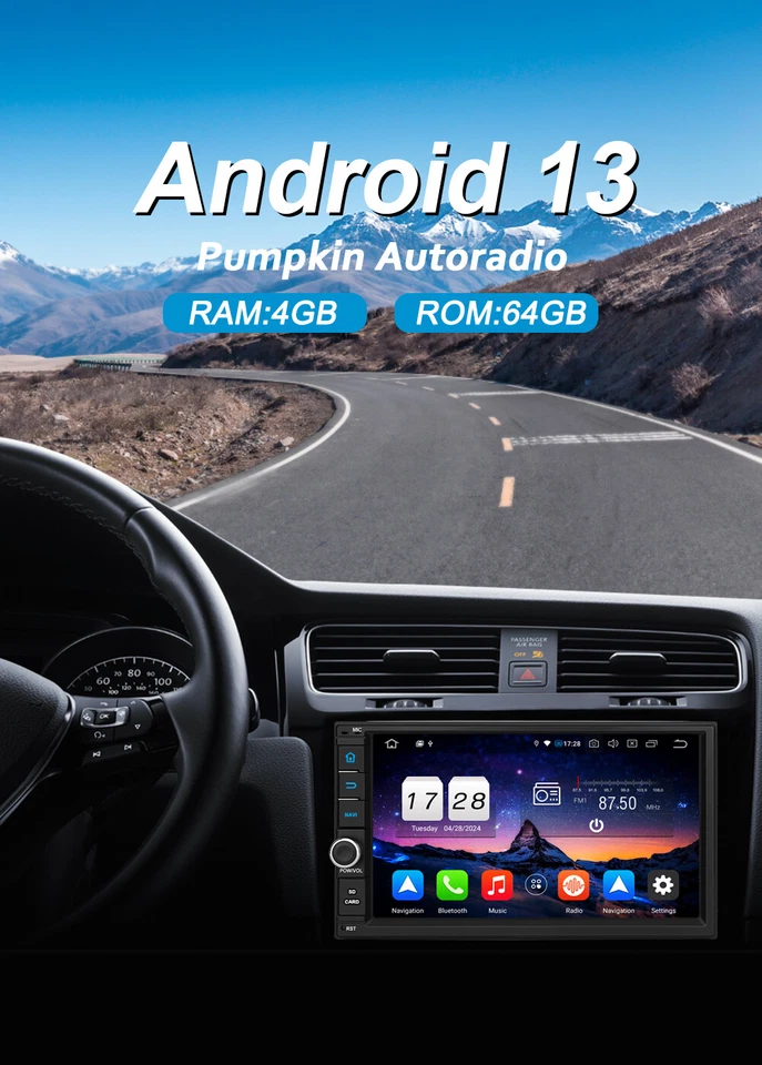 Pumpkin Android 13 Autoradio 2 DIN GPS Navi Carplay WiFi 4GB 64GB USB Bluetooth - Bild 2 von 4
