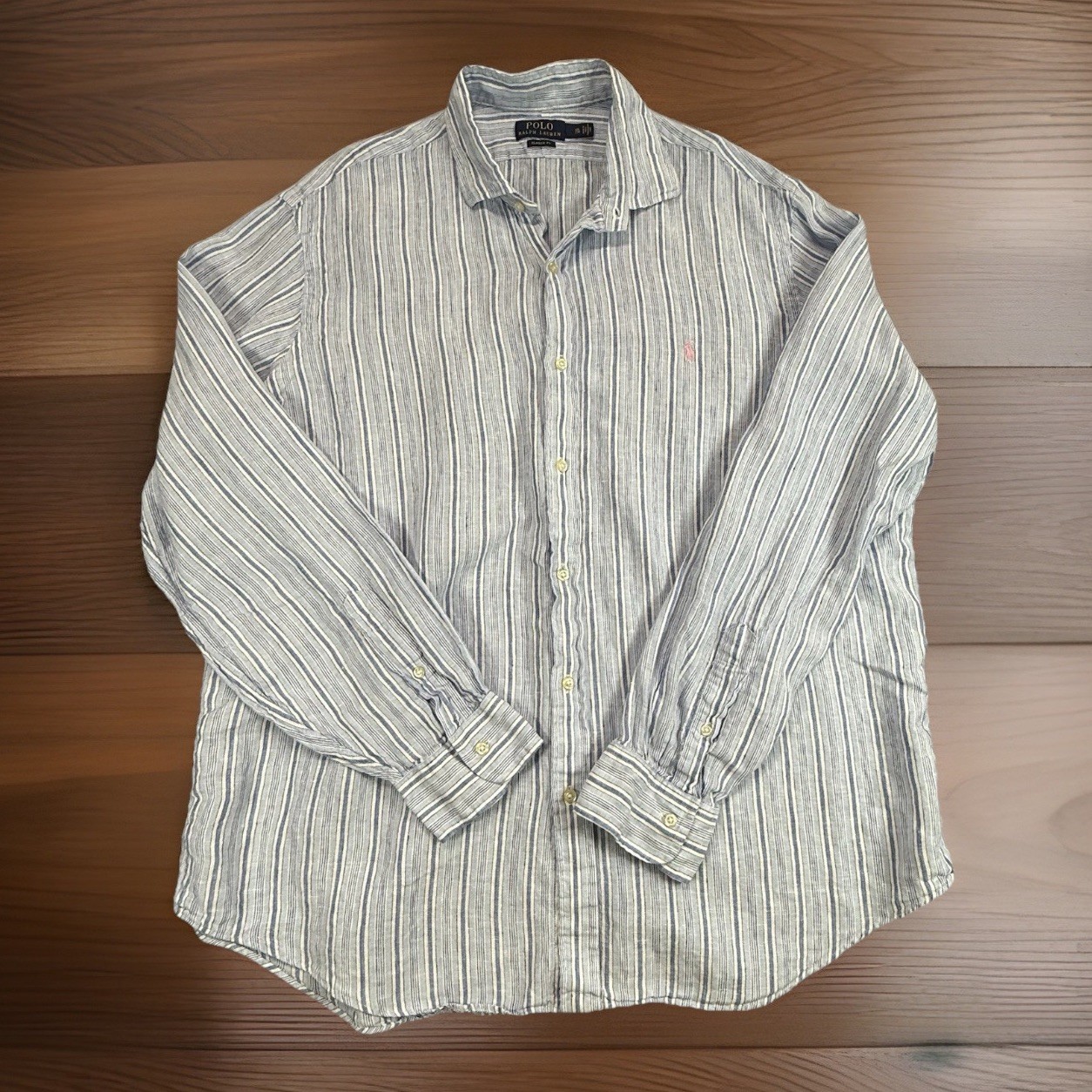 Polo Ralph Lauren 100% Linen Shirt Mens XXL Blue Striped Pink Pony Button Up