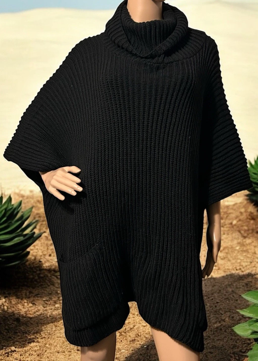 Steve Madden Women OS Poncho Black Oversized Turtleneck Sweater Soft Knit Boho