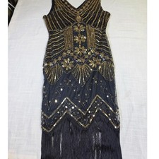 Vintage Style Flapper Dress Black Gold Sequin Fringe Gatsby Party Cocktail Small