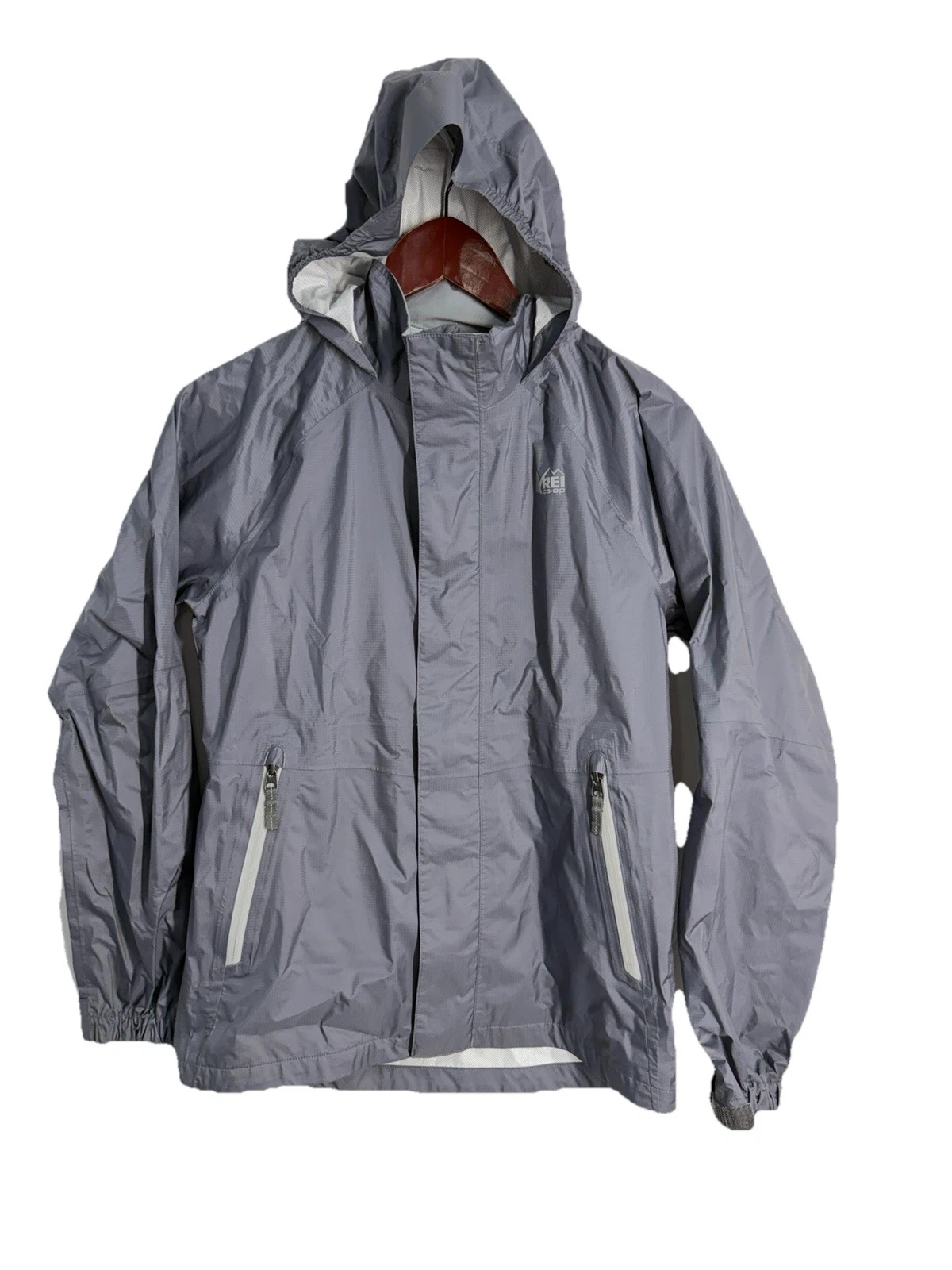 REI Co-op Rainwall Rain Jacket Kids Large 14-16 Gray Silver Full Zip Waterproof