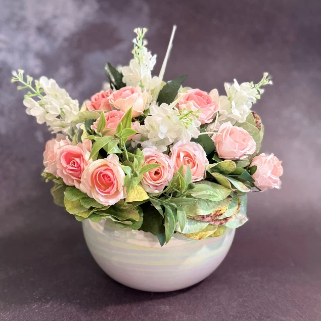 Faux Pink Rose Floral Arrangement Centerpiece in Ceramic Pearl Bowl - Image 2 of 4
