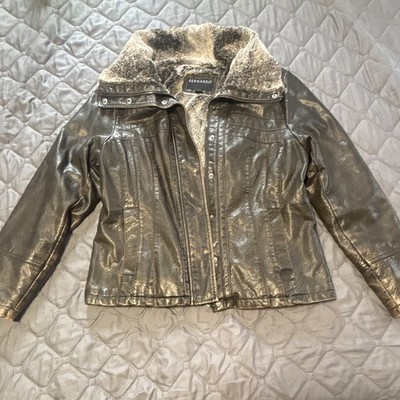 Bernardo Women s L Brown Leather Zip Lined Jacket w/ Faux Fur Trim Collar