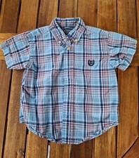 Chaps Boys Infant Dress Shirt Short Sleeve Plaid Button Up Sz 18M Red White Blue