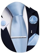 Solid Color Ties for Men Silk Satin Necktie and Pocket Square Baby Blue