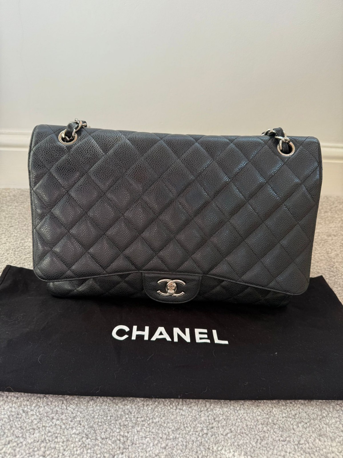 Chanel Classic Maxi Single Flap Bag Black Caviar Leather Silver Hardware