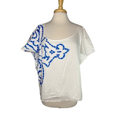 MONROW Blue White Woven One Size Top Blouse 100% Cotton Crop Boxy