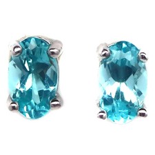 925 Sterling Silver 3 x 5 MM. Blue Apatite Minimalist Earrings White Gold Plated