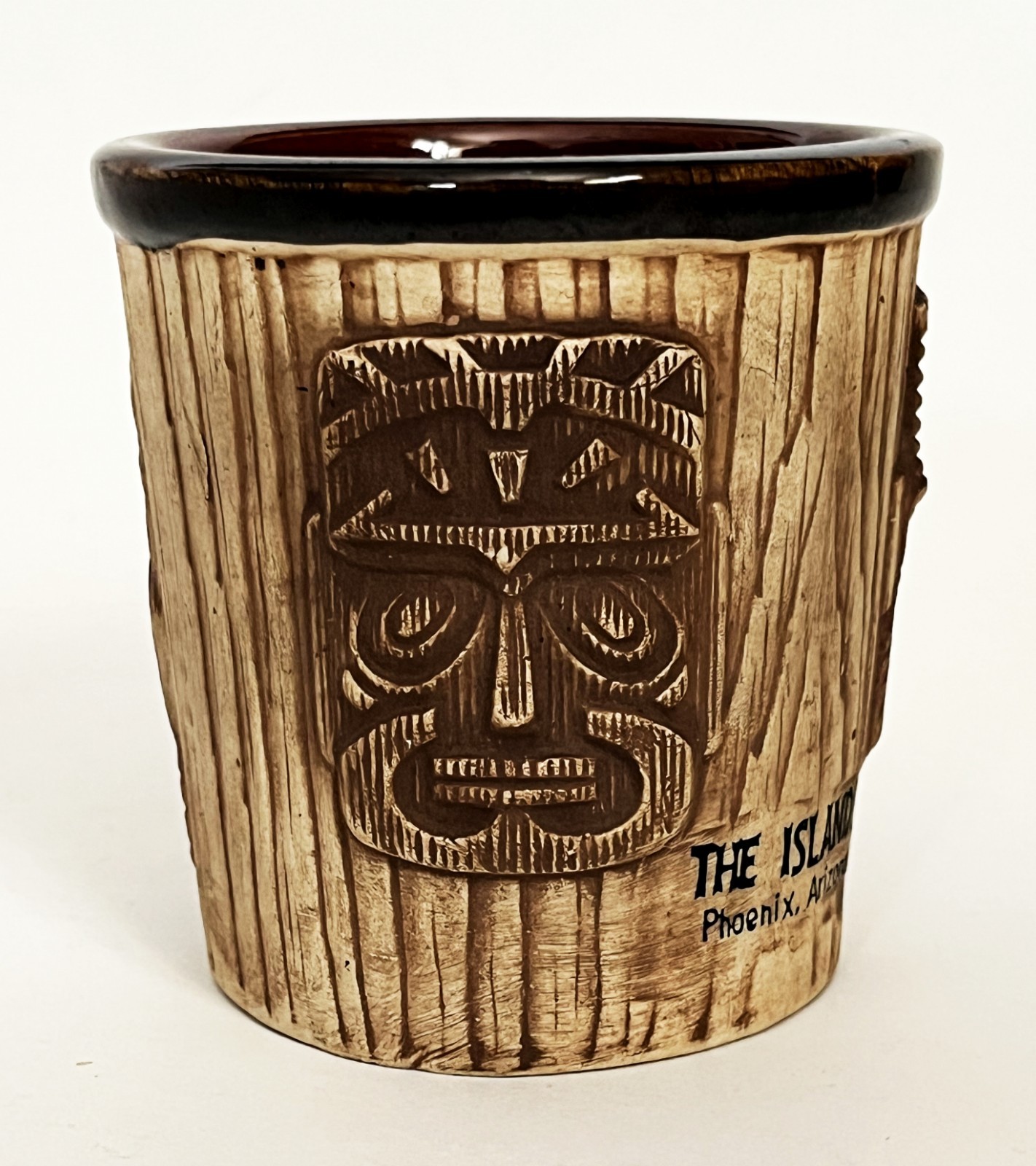 VTG 3 FACES BROWN TIKI MASK PLANTER BUCKET MUG CUP ISLANDS PHOENIX AZ OMC JAPAN