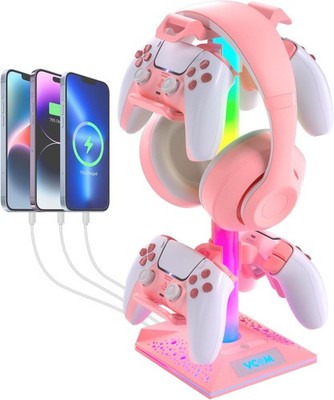 VCOM RGB Gaming Headphones Stand with 2 USB and 1 Type-C Ports, Pink 