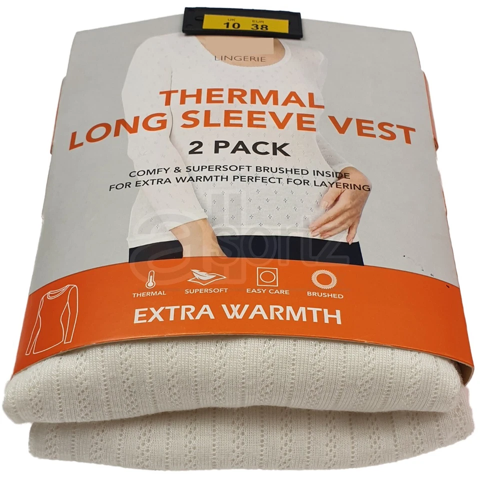 Ladies 2 Pack Thermal Vest Tops Long Sleeve Pointelle Winter Warm UK Size M S L - Image 3 of 4