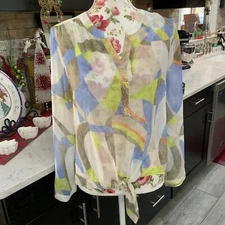 Chico’s Long Sleeve Sheer Tie Front Mod Print Long Sleeve Sequin Blouse Medium