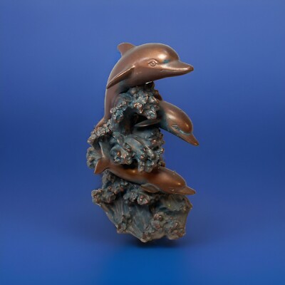 Dolphins Riding Waves Statue Figurine Brown/ Copper Resin Home Decor