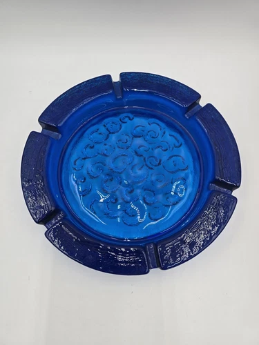 Vintage MCM Large Heavy Thick Glass Blue Blenko Cigar Ashtray 9”