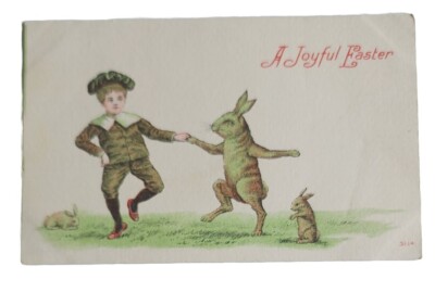 A Joyful Easter Antique Postcard, Child Dancing With Bunny Anthropomorphic