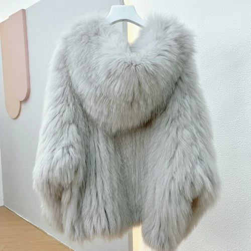 Women Real Fox Fur Knitted Coat Hooded Bat Sleeve Baggy Jacket Warm Outwear Tops - Picture 43 of 43