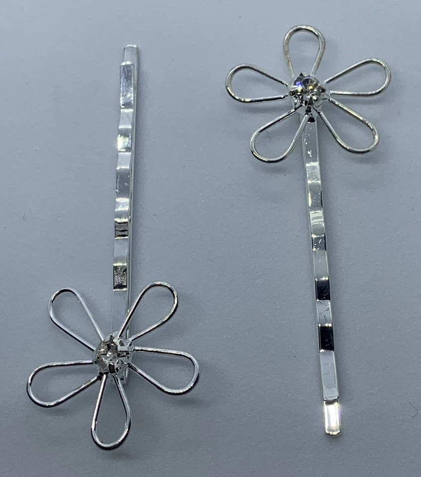 Open Flower Bobbie Pins Rhinestone Silver Plated 1 Pair Bridal Hair Accessory - Image 2 of 4
