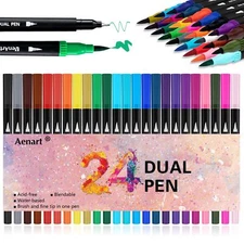 Dual Brush Markers for Adult Coloring Books, 24 Colored Fine Point Marker Pen