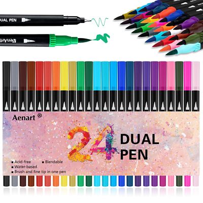 Dual Brush Markers for Adult Coloring Books, 24 Colored Fine Point Marker Pen