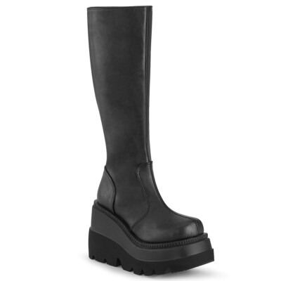 DEMONIA SHAKER-100 Women's Black Wedge Platform Goth Punk Lolita Knee Boots