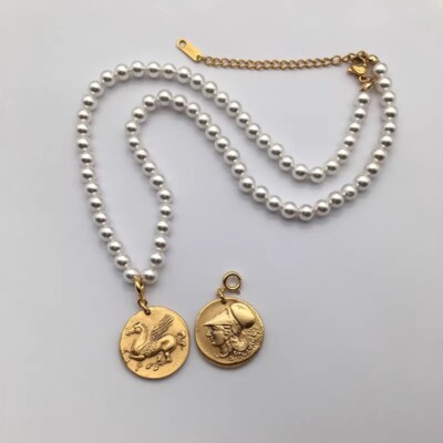 Athena/Pegasus Greek replica coin sided relief pendant Natural pearls  necklace