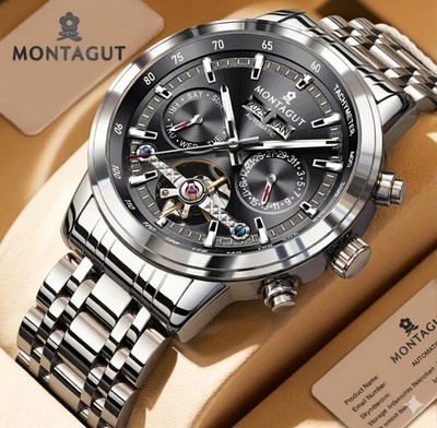 MONTAGUT Herren Automatikuhr Open Heart Edelstahl Leder + Metallarmband Full Set