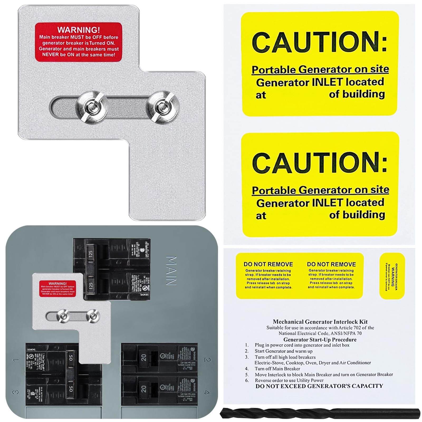 Generator Interlock Kit for Siemens 100 Amp or Murray 100 Panels,...