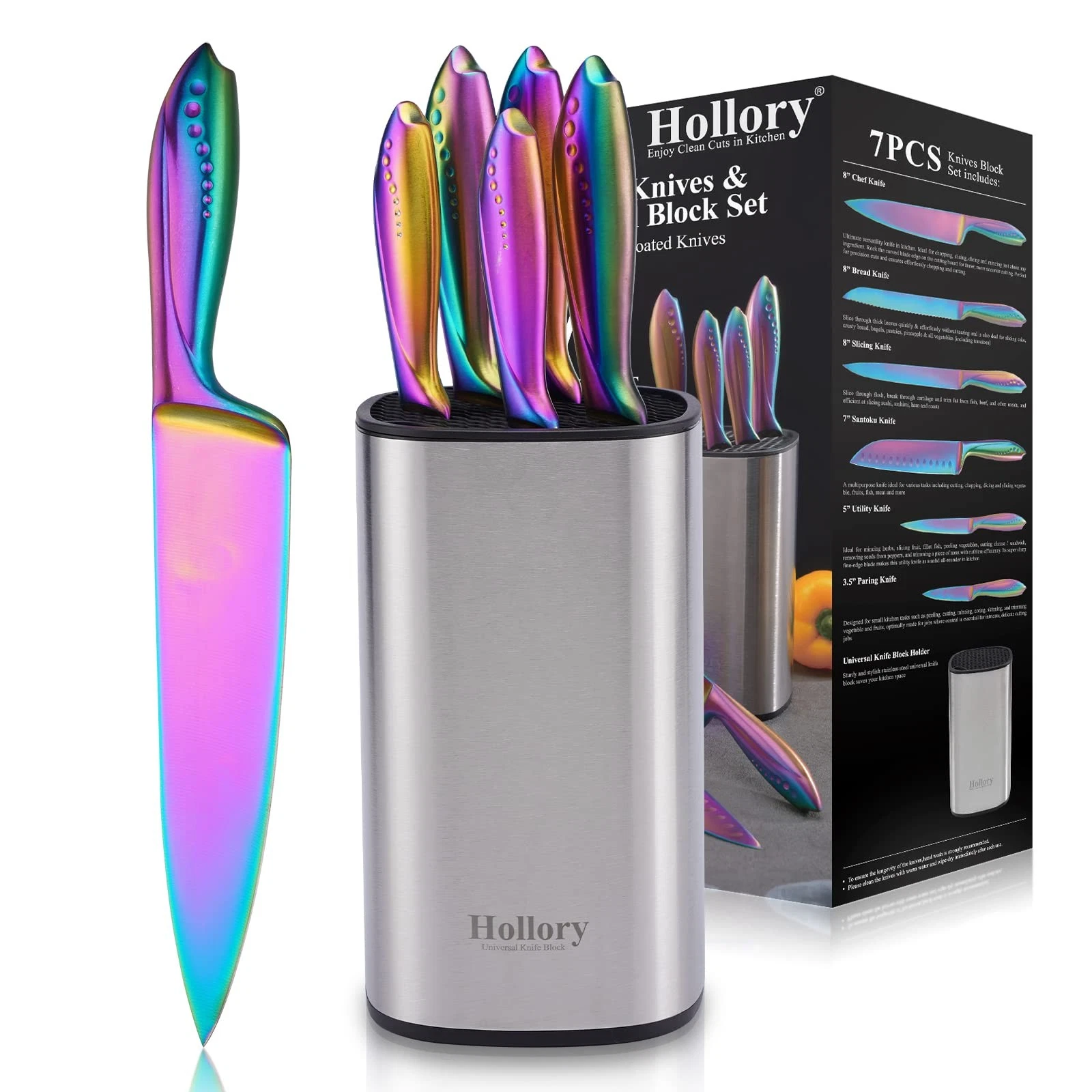 Rainbow Knives Block Set 7 Pieces, Iridescent German High Carbon Stainless St...
