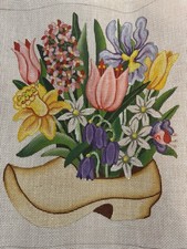 Needlepoint Canvas Hand Painted Floral Flower Bouquet In Shoe Clog